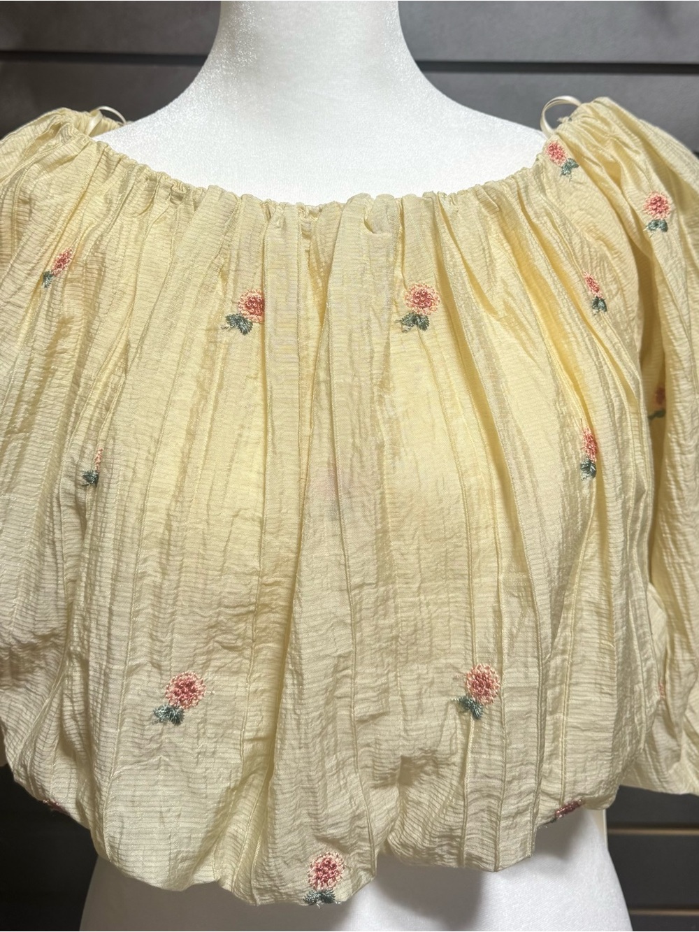 New Camellia Off Shoulder Floral Embroidery Soft Yellow Blouse